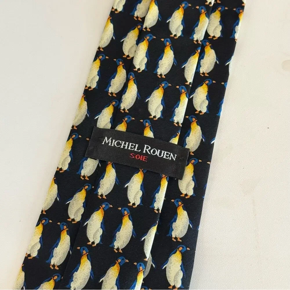 Michel Rouen Soie Mens Black Repeat Penguin Pointed Adjustable Pure Silk Necktie